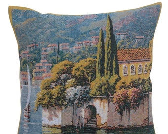 Varenna Reflections Village Left Belgian Tapestry Cushion Cover - 17x17 inch Square Decorative Pillow Cover - Woven Gobelin Cushion Cover