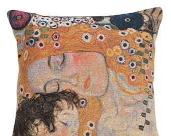 Mother and Child Belgian Tapestry Cushion Cover - 17x17 inch Gobelin Sofa Pillow Cover - Gustav Klimt Art - Woven Jacquard Pillow Cover