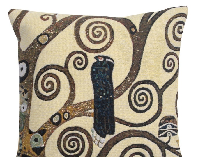 Klimt Tapestry Cushion Cover: Lebensbaum Bird, Belgian Jacquard Pillow (17x17 inch)