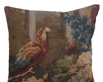 Perroquet French Tapestry Cushion Cover 19x19 inch inch – Woven Jacquard Bird & Floral Pillow Cover – Decorative Sofa Pillow Case