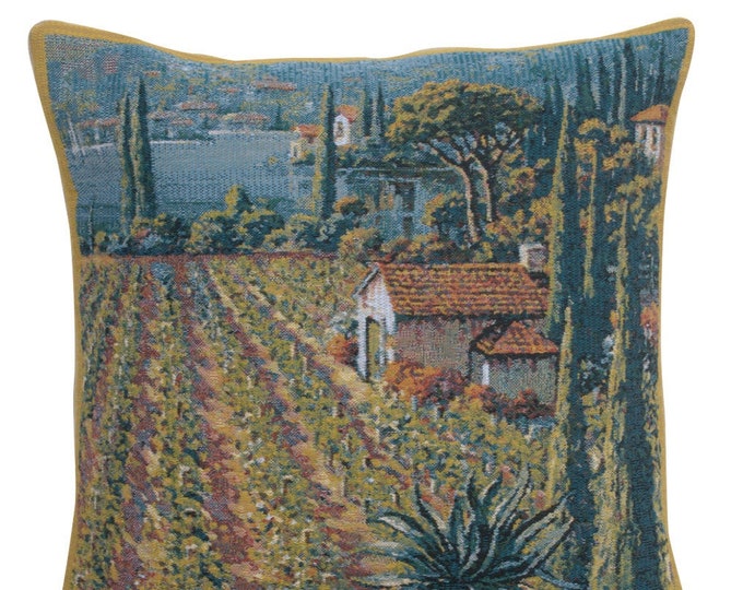 Lakeside Vineyard Cushion Cover: Belgian Jacquard Tapestry Pillow (17x17 inch)