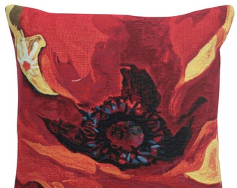 Bright New Day II Belgian Tapestry Cushion Cover - Simon Bull Art - Throw Gobelin Pillow Cover - 21x21 inch Red Floral Sofa Pillow Cover