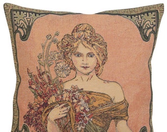 Mucha Spring Season, Gobelin Belgian Tapestry, Throw Pillow Cover, 18x18, Couch Pillow Case, Gift For Women, Tapestry Cushion Cover