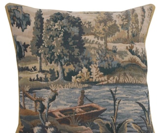 Paysage Flamand Bateau Tapestry Cushion Cover 17x17 inch - Woven Sofa Pillow Covers - Boat & Lake Scene Decorative Throw Pillow Cover