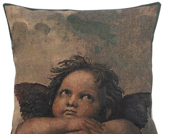 Angels by Raffael right Belgian Tapestry Cushion Cover - Gobelin Woven Sofa Pillow Cover - 17x17 inch Square Decorative Pillow Cover