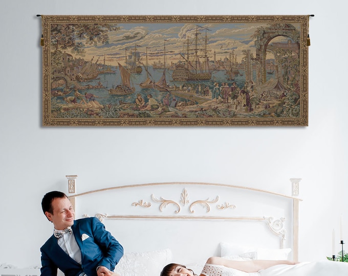 Venetian Harbor Jacquard Tapestry: Italian Woven Wall Art Landscape, Medieval Boat Scene (26x59 inch)