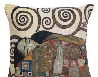 Lebensbaum Fulfillment Belgian Tapestry Cushion Cover - 17x17 inch Woven Sofa Pillow Cases - Gustav Klimt Art - Gobelin Throw Pillow Cover