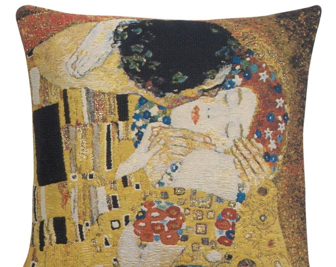 Gustav Klimt 'The Kiss' Tapestry Cushion Cover: Belgian Woven Cotton Pillow (17x17 inch)