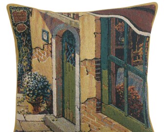 Bellagio Village Door Tapestry Cushion Cover - Woven Belgian Pillow Cover - 17x17 inch Jacquard Decorative Sofa Cushion Cover