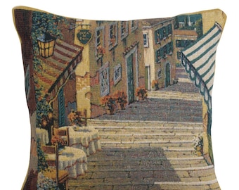 Bellagio Village Two Tables Cushion Cover | 17x17 Square Sofa Pillow Cover | Landscape Art Belgian Tapestry Cushion Cover | Pillow Case