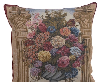 Floral in Arch Tapestry Cushion Cover | 17x17 inch Woven Sofa Pillow Cover | Floral Bouquet Belgian Art Cushion Cover | Gobelin Pillow Cover