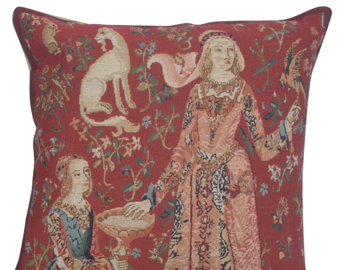 Belgian Tapestry Cushion Cover: Lady and Unicorn, Millefleurs Pillow (17x17 inch)