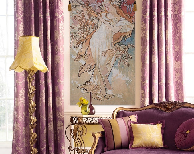 Elegant Spring Mucha-Inspired European Jacquard Wall Tapestry - Fine Art Hanging Decor with Young Lady
