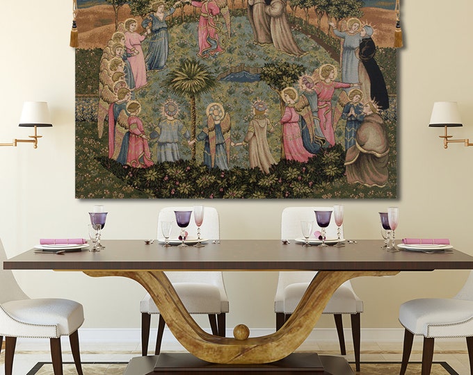 Italian Woven Angels Garden Tapestry: Religious Wall Art Hanging, Jacquard Fabric, 25x36 Inches