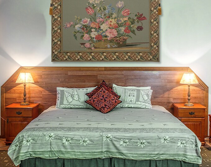 Floral European Jacquard Woven Wall Tapestry - Green Flower Basket Still Life Italian Decorative Art