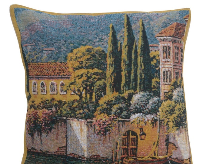 Lake Como Tapestry Pillow Cover: Varenna Village Art, 17x17 inch