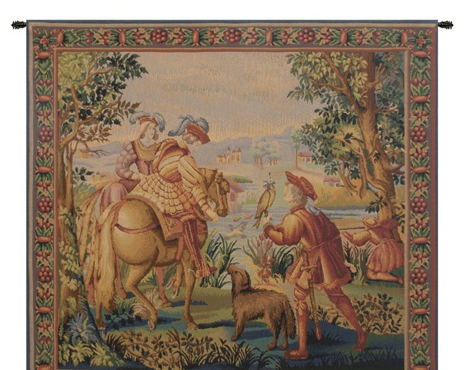 Falconry Tapestry: Medieval Noble Scene, Woven Wall Decor (31x32 inch)