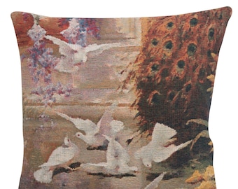 Peacock & Doves Belgian Tapestry Cushion Cover 17x17 inch – Bird Art Gobelin Woven Throw Pillow Case – Square Cushion Cover