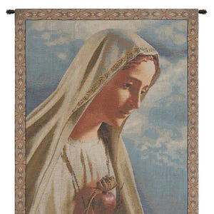 Our Lady of Fatima Belgian woven religious tapestry wall hanging featuring sacred Marian portrait and devotional design