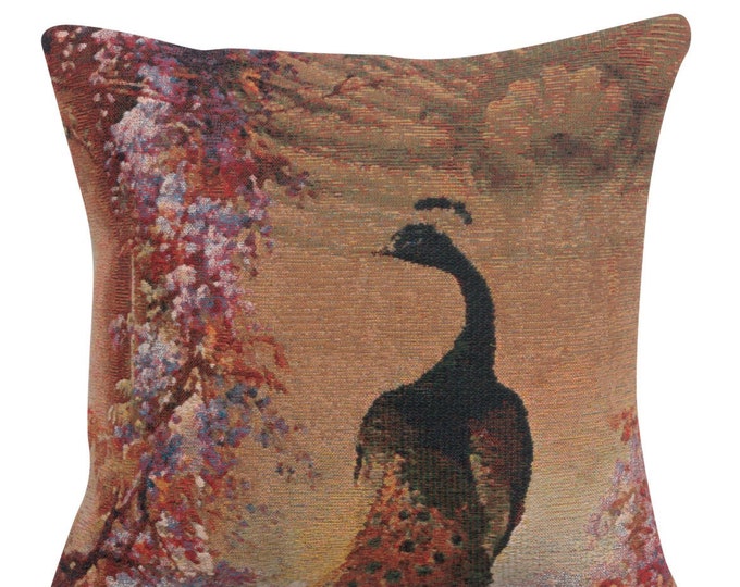 Peacock Tapestry Cushion Cover 17x17 inch - Belgian Jacquard Woven Pillow Cover - Elegant Decorative Throw Pillow for Sofa & Bed