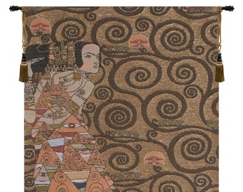 L'Attente Klimt a Gauche Or European Wall Tapestry - Medieval French Wall Hanging - Gustav Klimt Wall Art - Woven Jacquard Wall Tapestry
