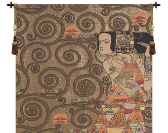 L'Attente Klimt a Droite Or European Wall Tapestry - Lady Art Medieval French Wall Hanging - Gustav Klimt Art - Woven Jacquard Wall Tapestry
