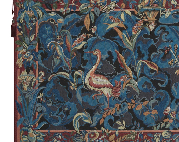 European Jacquard Aristoloches Tapestry: Blue Floral Forest Scene with Animals and Birds