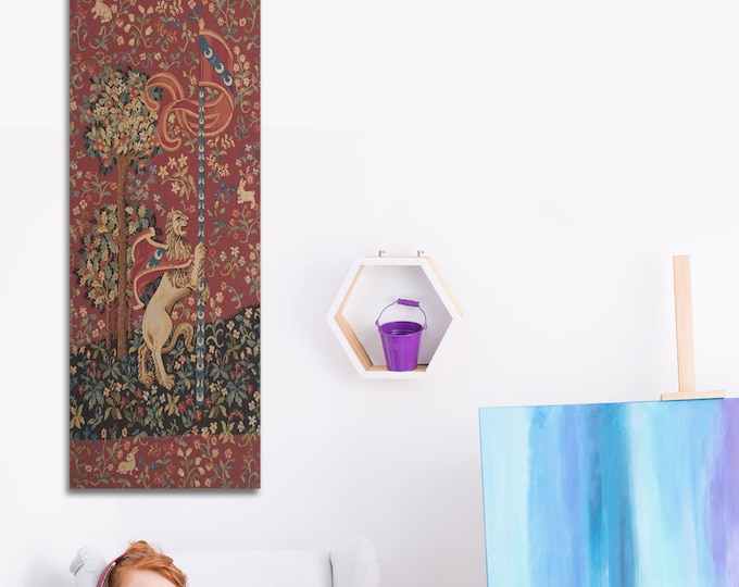 Medieval Lion Portiere: European Millefleurs Tapestry Wall Hanging with Unicorn for Antique Home Decor