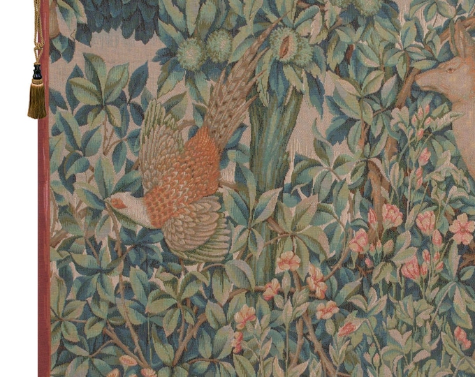 William Morris Pheasant and Doe Tapestry: French Jacquard Woven Wall Hanging