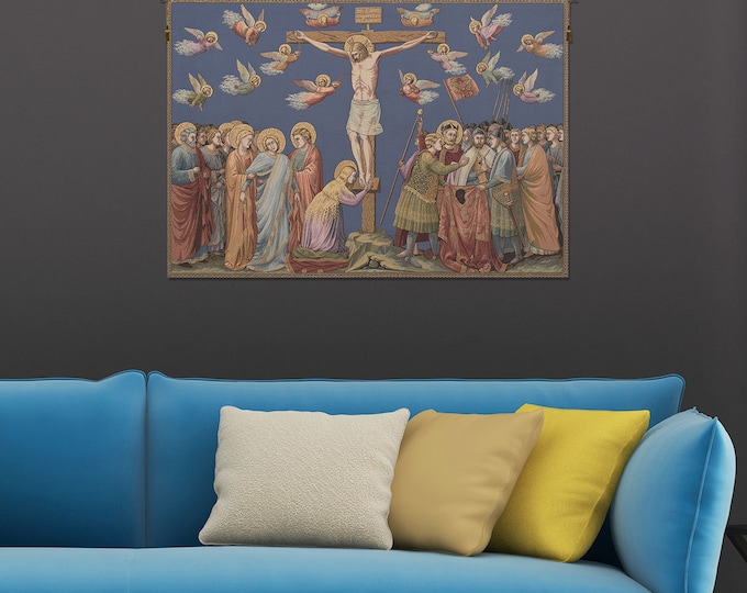 Italian Woven Crocifissione Tapestry: Large Religious Wall Hanging with Jesus and Saints (37x53)