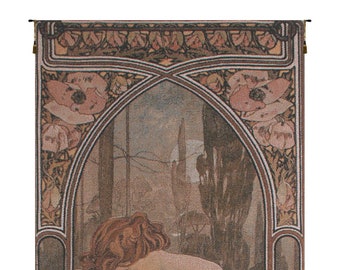Mucha Nuit European Wall Tapestry - Woven Jacquard Wall Décor Art - Floral Home Décor Wall Hanging - Young Women Art Wall Tapestry