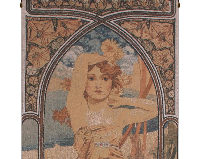 Mucha Jour European Woven Tapestry: Floral Art Nouveau Wall Hanging for Elegant Home Decor