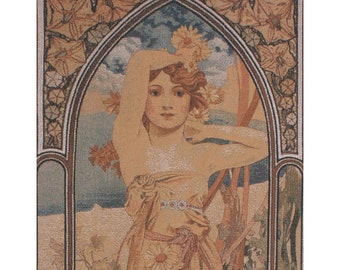Mucha Jour European Wall Tapestry - Young Woven Tapestry Wall Art - Floral Unique Wall Décor Art - Home Décor Jacquard Wall Hanging