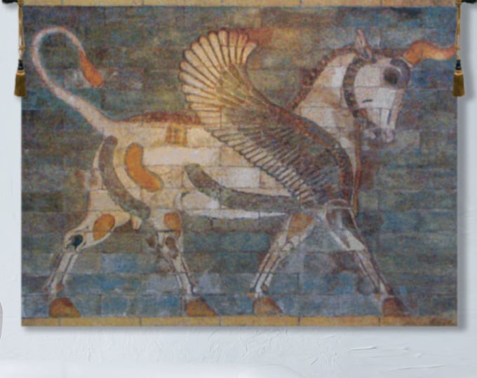 Winged Bull Belgian Jacquard Tapestry - Woven Art Wall Hanging Decor 35x47 Inch