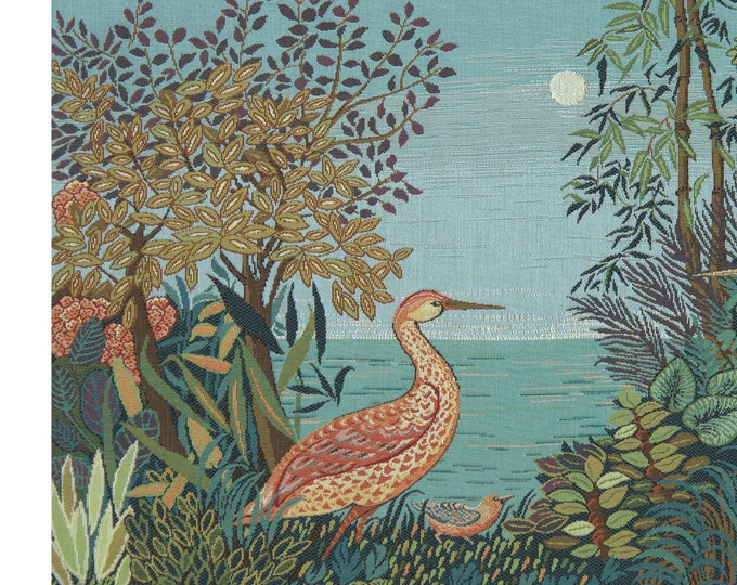 Heron Lake Tapestry French Woven Wall Art Bird Medieval Jacquard Hanging 19x30 Inch Home Decor