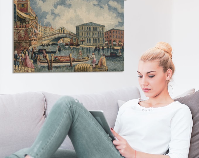 Ponte di Rialto II European Coastal Tapestry - Woven Italian Landscape Wall Hanging Art Decor