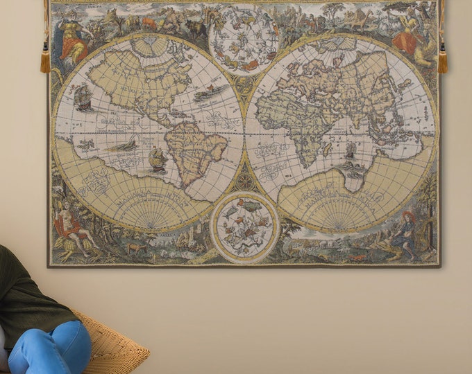 European Map Tapestry Wall Hanging: Medieval Jacquard Woven Decor