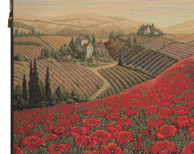 Tuscan Poppy Landscape Tapestry Italian Woven Floral Wall Art Hanging Decorative Jacquard Home Decor