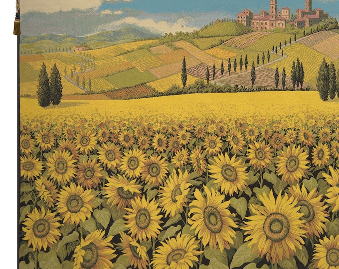 Vintage Italian Sunflower Landscape Tapestry : Woven Tuscan Floral Wall Art Hanging for Home Decor
