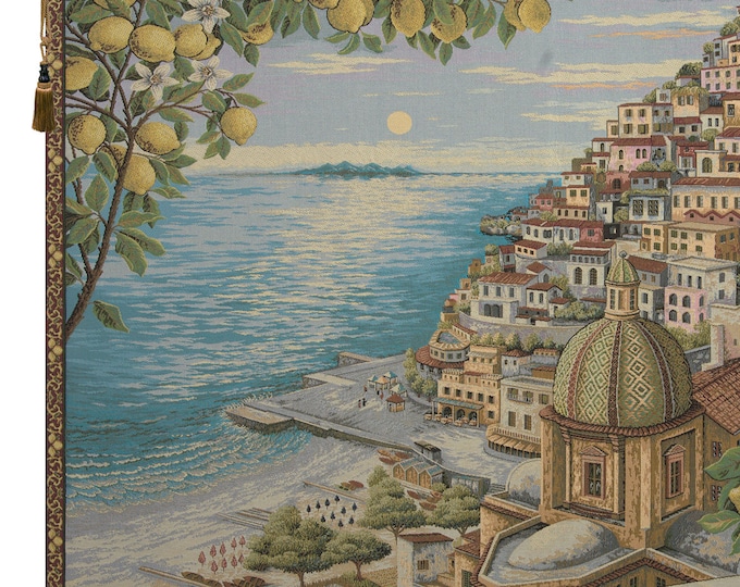 Amalfi Coast Italian Woven Wall Tapestry: Coastal Mediterranean Landscape Art for Home Decor (36x53)