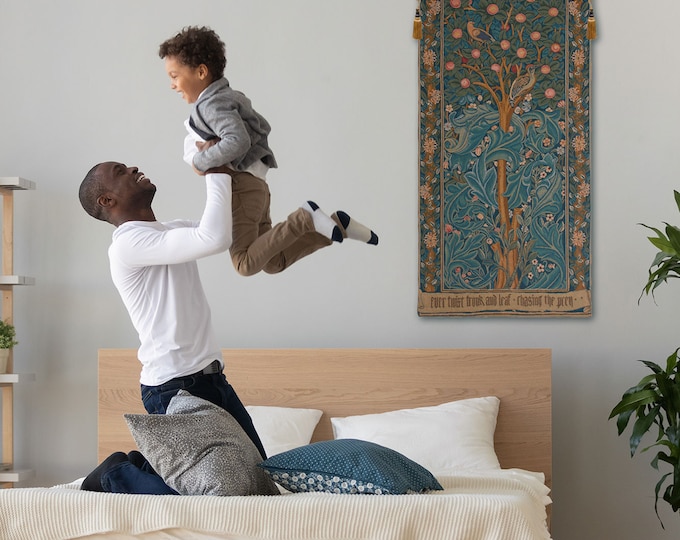 Elegant William Morris Woodpecker Tapestry: Tree of Life Woven Wall Art, Medieval-Inspired Jacquard Decor