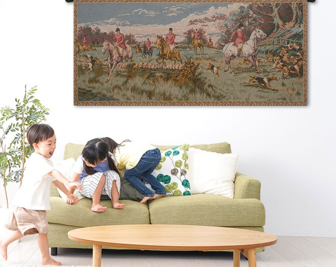 French Medieval Hunting Scene Jacquard Tapestry: Large Bohemian Wall Art Decor (29x64  inch)