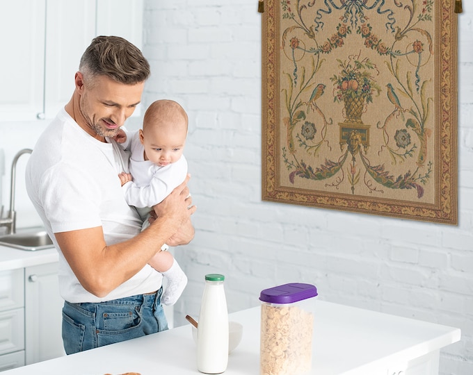 Birds & Floral Woven Wall Tapestry: Medieval Belgian Art (32x22 inch)