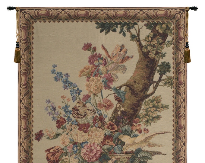 Pigeon European Wall Tapestry - Birds Lover Cream Background Wall Decor Art - Woven Belgian Wall Tapestry - Floral Decorative Wall Hanging