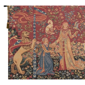 Taste Le Gout Wall Tapestry | European Lady and Unicorn Hanging | Decorative Background Wall Hanging | Millefleurs Wall Art