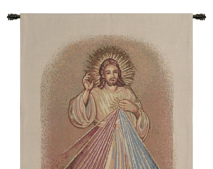 Merciful Jesus Tapestry: Woven Christian Wall Hanging, 36x20 inch