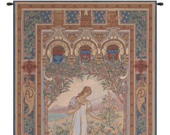 Aurore European Wall Tapestry - Decorative Gobelin Wall Hanging - Jacquard Home Décor Wall Art - Young Lady and Floral Modern Wall Art