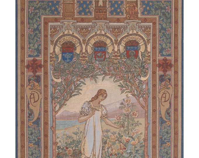 Belgian Woven Aurore Wall Tapestry: Renaissance Floral Art with Young Lady Portrait