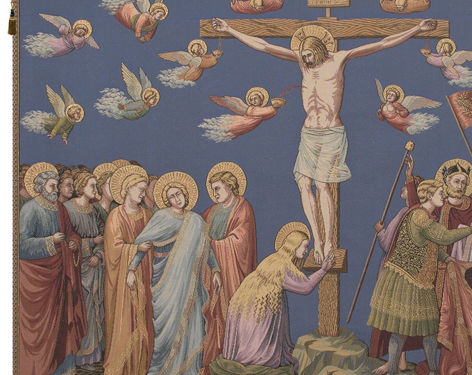 Italian Woven Crocifissione Tapestry: Large Religious Wall Hanging with Jesus and Saints (37x53)