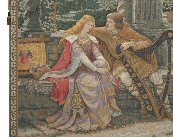 Tristan and Isolde Medieval Tapestry: Romantic Woven Wall Hanging for Bedroom Decor (27x35 inch)